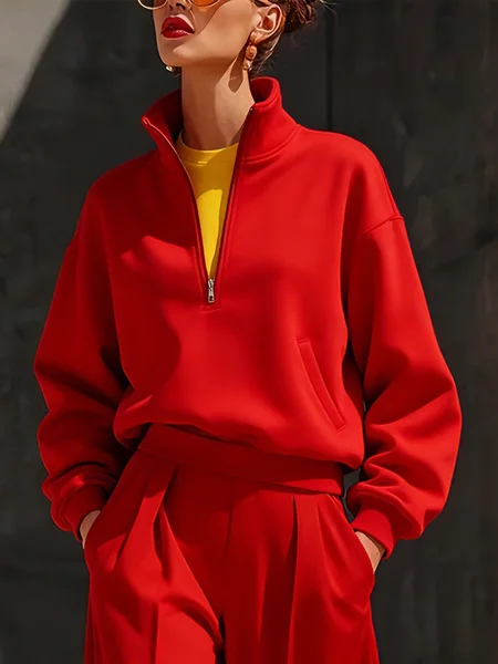 

Casual Plain Zipper Half Open Collar Sweatshirt, Red, Hoodies and Sweatshirts