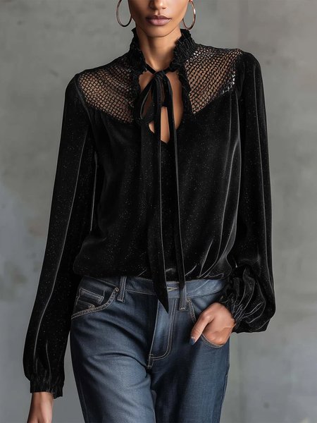 

Velvet Elegant Plain Split Joint Blouse, Black, Blouses and Shirts