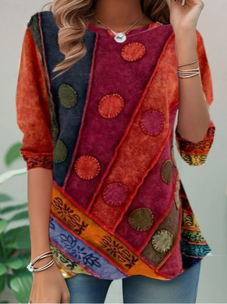 

Casual Abstract Crew Neck Long Sleeve T-shirt, As picture, T-shirts