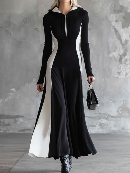 

Casual Color Block Hoodie Maxi Dress, Black-white, Maxi Dresses