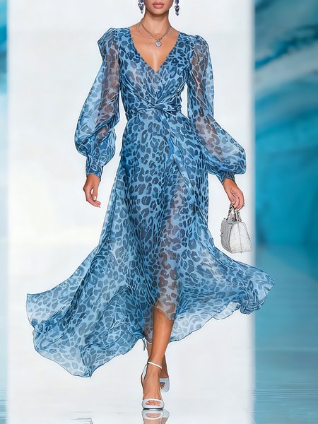 

Vacation Leopard Balloon Sleeve Printing V Neck Midi Dress, Blue, Midi Dresses