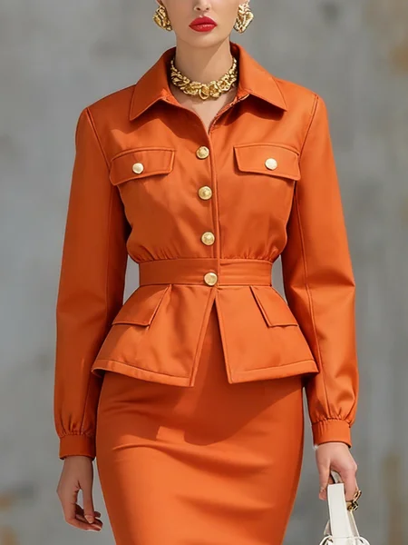 

Urban Buttoned Plain Stand Collar Jacket, Orange, Jackets