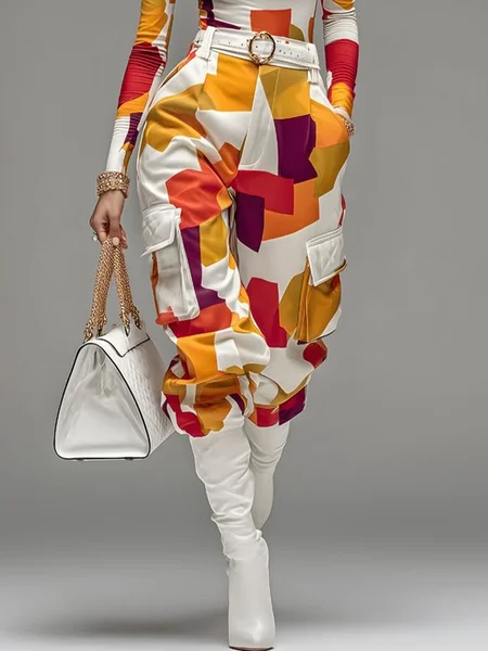 

Urban Colorblock Printing Cargo Pants No Belt, As picture, Pants