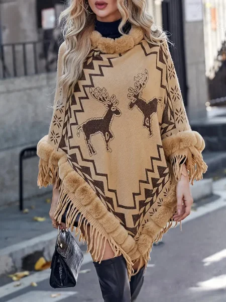 

Boho Tassel Sleeves Acrylic Christmas Elk Cloak, Camel, Coats