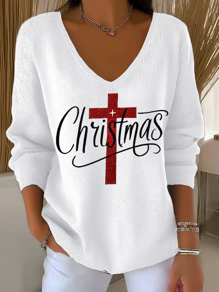 

Women Christmas Long Sleeve Tee T-shirt V Neck Printing Casual Spring/Fall Top, White, T-Shirts