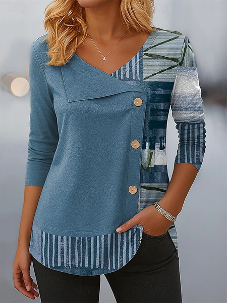 

Casual Abstract V Neck Long Sleeve T-shirt, Blue, T-shirts