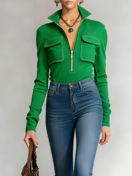 

Urban Plain Shirt Collar Blouse, Green, Blouses and Shirts