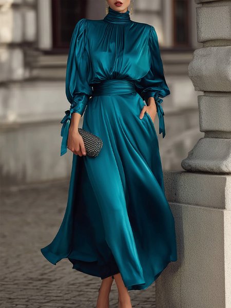 

Elegant Plain Stand Collar Midi Dress With Belt, Cyan, Maxi Dresses