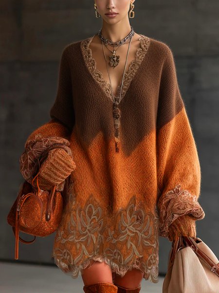 Urban Color Block Balloon Sleeve Lace Knee Length Dress