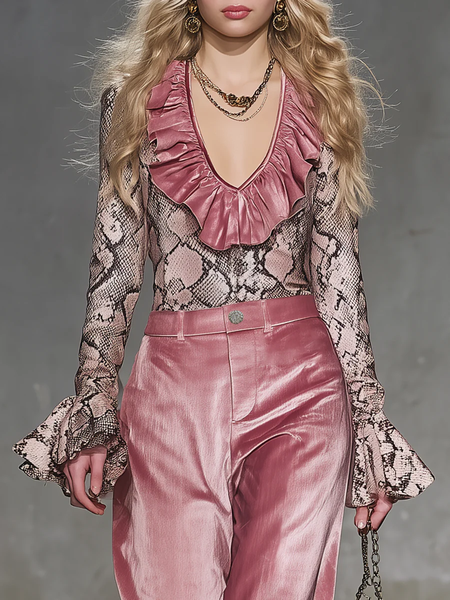 

Urban Snakeskin Peplum V Neck Bell Sleeve Blouse, Pink, Blouses and Shirts