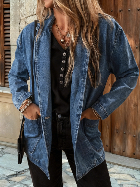 

Women Plain Spring/Fall Outerwear Casual Long Sleeve Regular Blazer, Blue, Coats