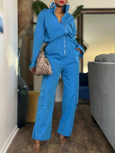 

Urban Zipper Plain Pockets Jumpsuit, Blue, Jumpsuits