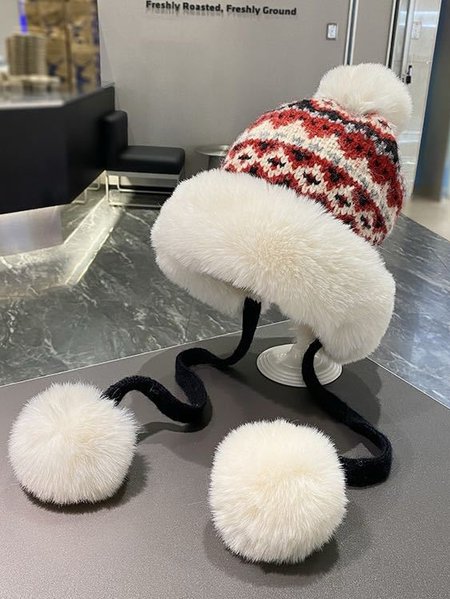 

Winter Knitted Thickened Fleece-lined Neck Protector Warm Jacquard Pattern Versatile Casual Ear-covering Hat, Red, Women Hats