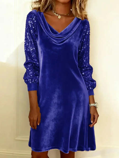 

Women Plain Spring/Fall Split Joint Dress Cowl Neck Long Sleeve Sequin A-Line Dress, Blue, Dresses