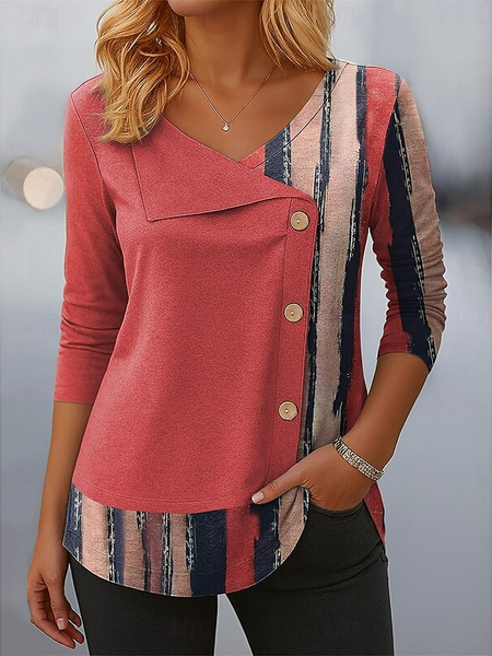 

Casual Striped V Neck Long Sleeve T-shirt, Deep pink, T-shirts