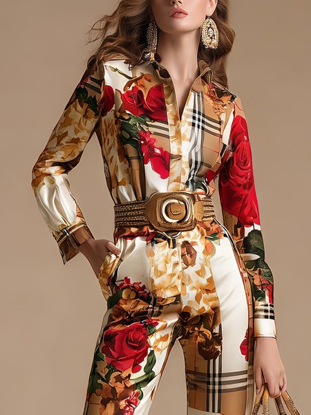 

Satin Urban Floral Printing Shirt, Khaki, Blouses and Shirts