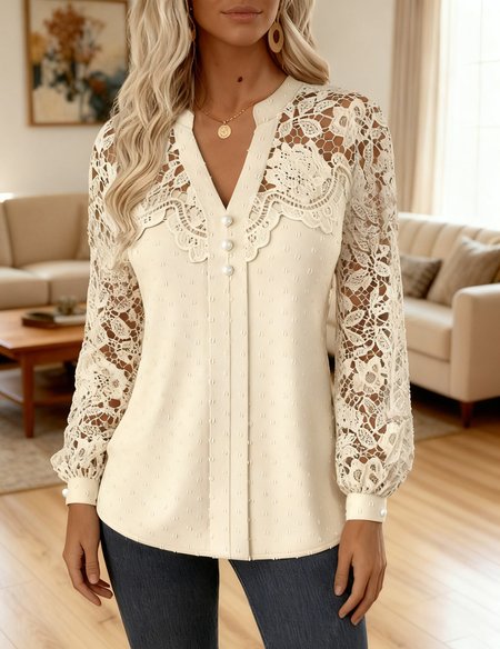 

V Neck Long Sleeve Lace Regular Regular Fit Shirt For Women, Apricot, Shirts