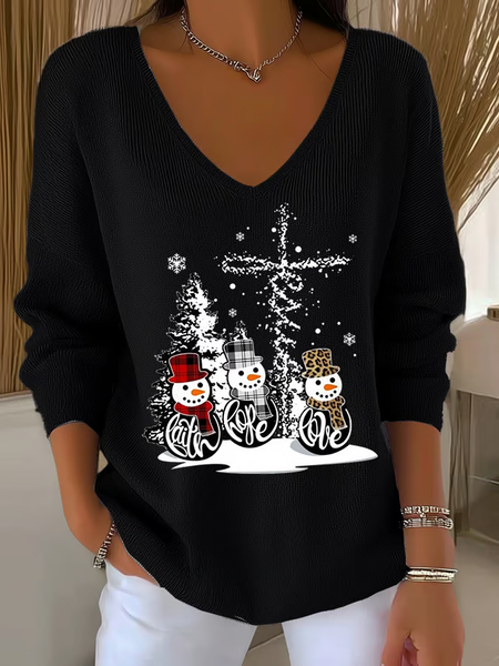 

Casual Christmas Snowman V Neck Long Sleeve T-shirt, Black, T-shirts