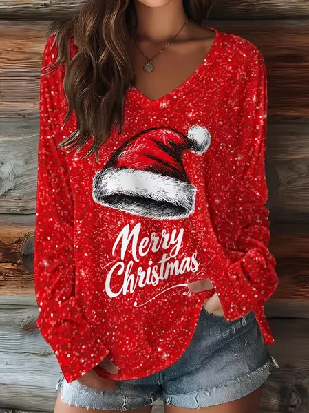 

Casual Christmas V Neck Long Sleeve T-shirt, Red, T-shirts