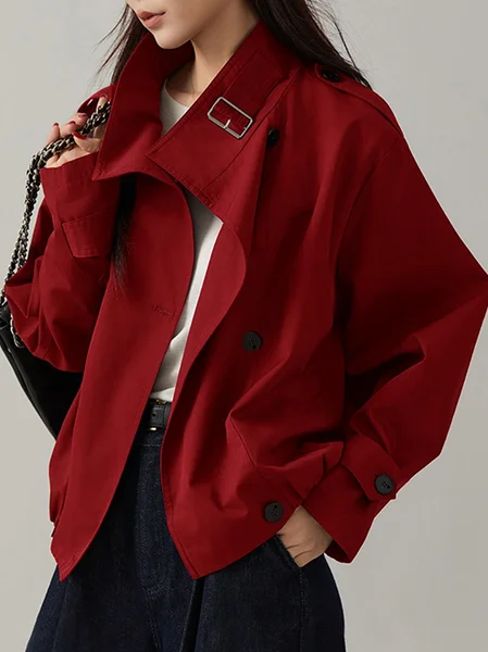 

Casual Buttoned Plain Stand Collar Trench Coat, Wine red, Trench Coats