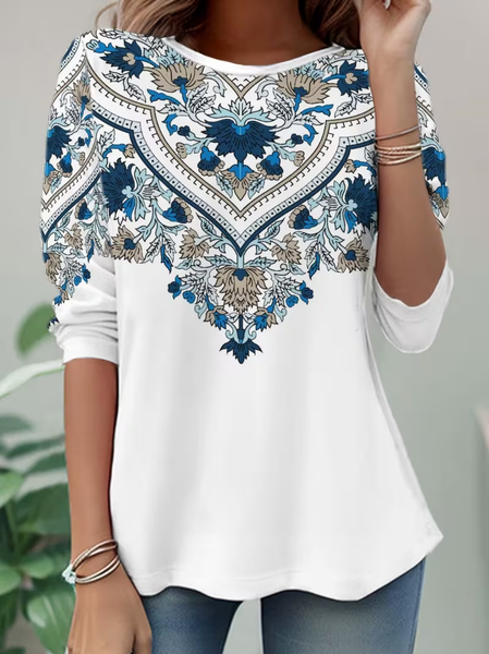 

Women Ethnic Long Sleeve Tee T-shirt Crew Neck Casual Spring/Fall Tunic Top, White, T-Shirts