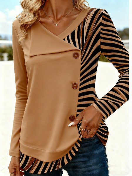 

Casual Zebra V Neck Long Sleeve T-shirt, Camel, T-shirts