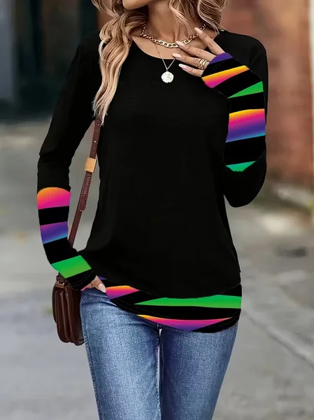 

Women Abstract Long Sleeve Tee T-shirt Crew Neck Casual Spring/Fall Tunic Top, Black, T-Shirts