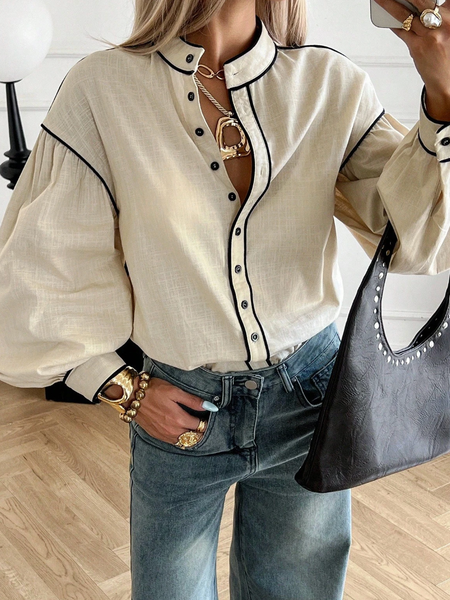 

Cotton Casual Color Block Buttoned Puff Sleeve Shirt, Apricot, Blouses and Shirts
