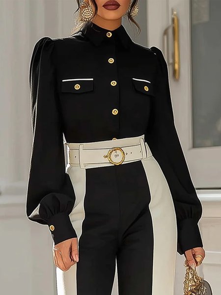 

Urban Plain Buttoned Shirt Collar Shirt, Black, Blouses and Shirts