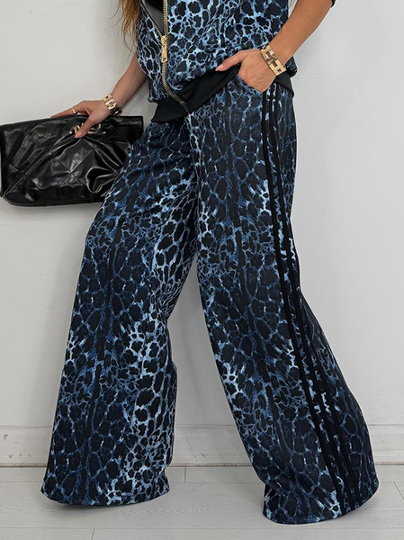 

Casual Leopard Buttoned Straight Pants, Blue, Pants