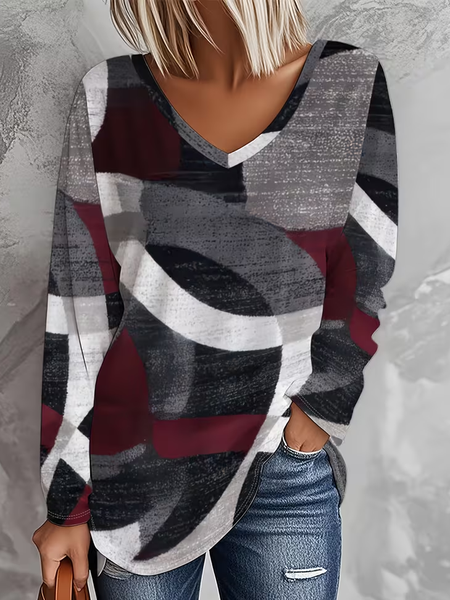 

Women Abstract Long Sleeve Tee T-shirt V Neck Printing Casual Spring/Fall Graphic Tee Top, As picture, T-Shirts