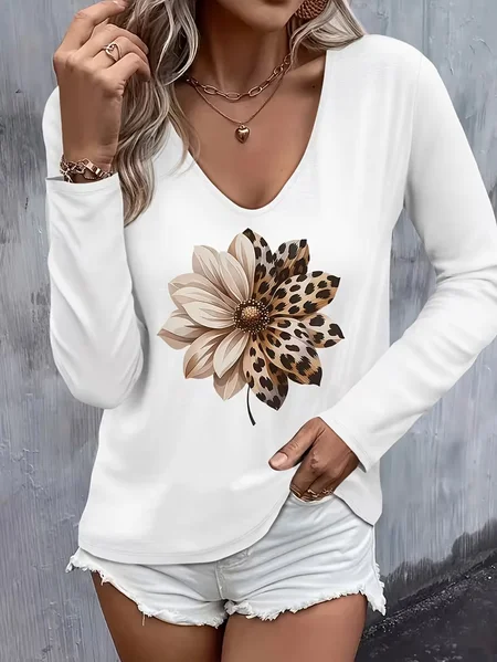

Casual Floral V Neck Long Sleeve T-shirt, White, T-shirts