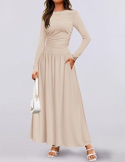 

Women Plain Spring/Fall Dress Crew Neck Long Sleeve A-Line Dress, Apricot, Dresses