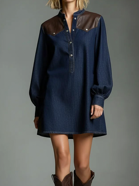 

Denim Casual Color Block Stand Collar Mini Dress, Denim blue, Mini Dresses