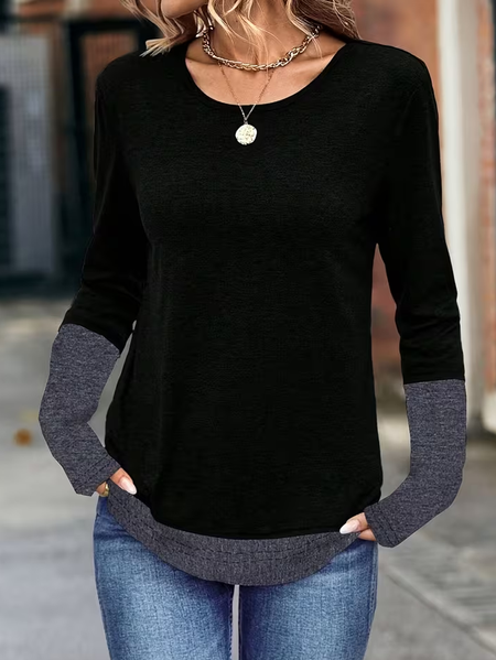

Casual Contrast Stitching Crew Neck Long Sleeve T-shirt, Black, T-shirts
