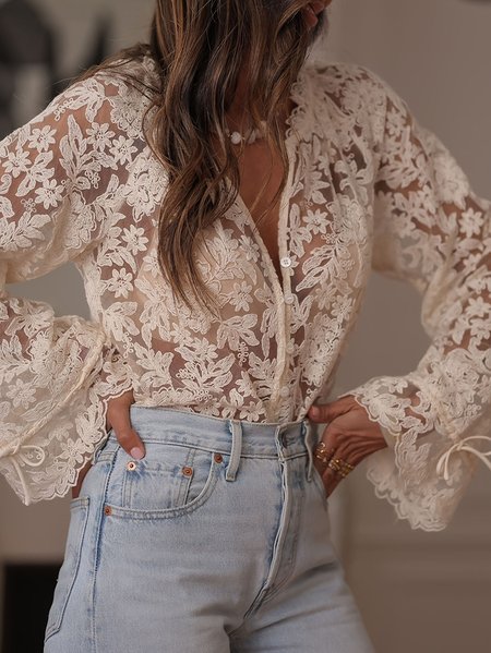 

Long Sleeve Lace Lightweight Loose Blouse For Women, Off white, Blouses