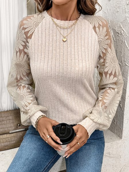 

Elegant Lace Crew Neck Long Sleeve T-shirt, Apricot, T-shirts