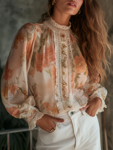 

Chiffon Urban Floral Buttoned Blouse, Orange, Blouses and Shirts