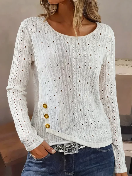 

Women Plain Crew Neck Elegant Long Sleeve T-shirt, White, Long Sleeves