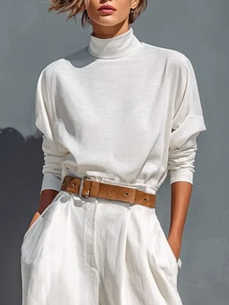 

Knitted Urban Plain Stand Collar T-shirt, White, Tees