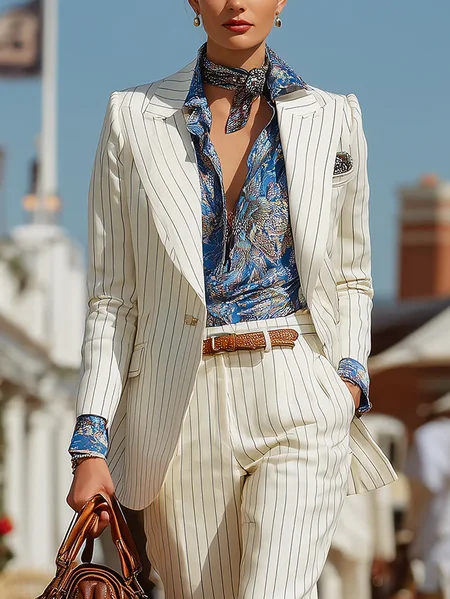 

Urban Buttoned Striped Lapel Collar Blazer, White, Blazers