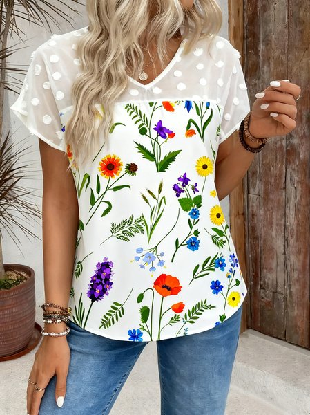 

V Neck Short Sleeve Floral Regular Loose Blouse For Women, White, T-shirts