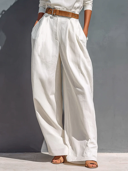 

Urban Plain Buttoned Straight Pants No Belt, White, Pants