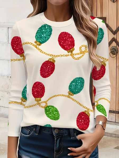

Casual Christmas Crew Neck Long Sleeve T-shirt, Apricot, T-shirts