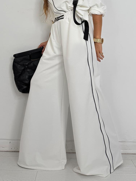

Casual Color Block Buttoned Straight Pants, White, Pants