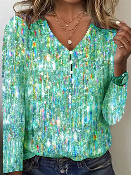 

Vintage Geometric V Neck Long Sleeve T-shirt, Cyan, T-shirts