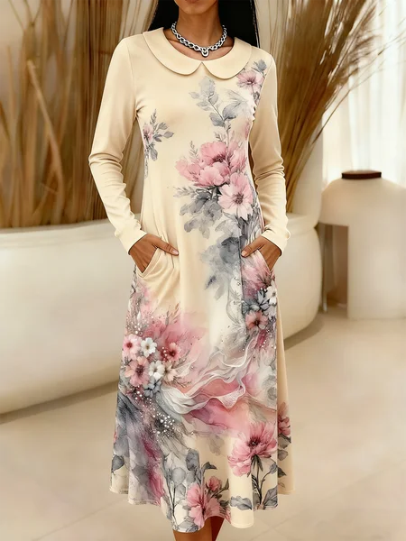 

Women Floral Spring/Fall Dress Sweetheart Neckline Long Sleeve A-Line Dress, Apricot, Dresses