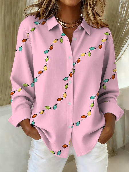 

Women Christmas Long Sleeve Shirt Spring/Fall Buckle Shirt Collar Regular Sleeve Daily Casual Top, Pink, Shirts