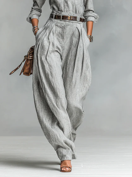 

Casual Plain Buttoned Turnip Pants No Belt, Gray, Pants