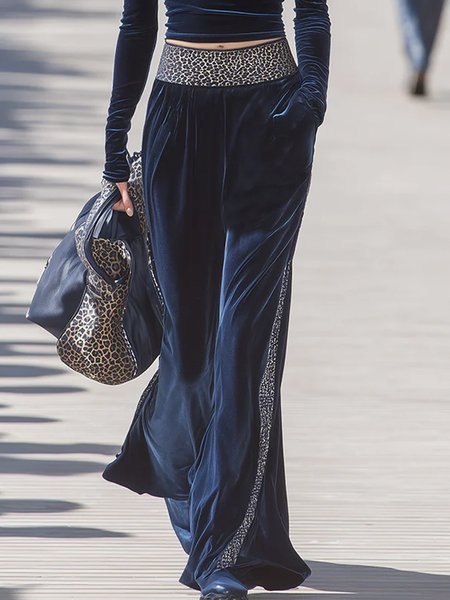 

Casual Leopard Split Joint Wide Leg Pants, Deep blue, Pants